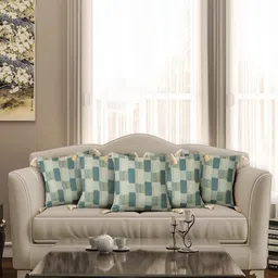 eyda Off White & Green 5 Pieces Printed Tasselled Cushion Covers-image-60