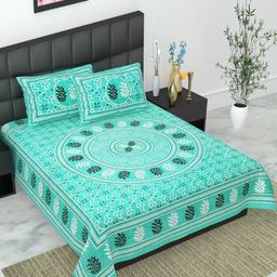 UNIBLISS Sea Green Floral Jaipuri Printed Cotton 144TC Queen Bedsheet Set-2.15mx2.35m-image-58