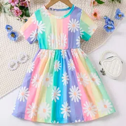 Kidotsav Floral Printed Round Neck Gathered or Pleated Fit & Flare Dress-picture-0