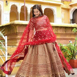FABPIXEL Embroidered Sequinned Semi-Stitched Lehenga & Unstitched Blouse With Dupatta image 5