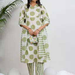GULMEHAK Women Polka Dot Printed Mirror Work Pure Cotton Kurta with Trousers & Dupatta-picture-9