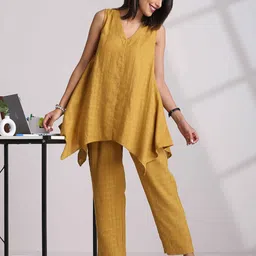 trueBrowns Mustard Yellow V-Neck Cotton Dobby Co-ord set-picture-15