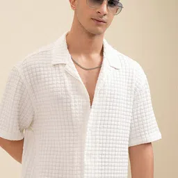 Highlander Men White Popcorn Textured Solid Cuabn Collar Shirt-image-10