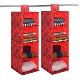 Aura Red & Blue 2 Pieces Printed Foldable 4 Shelf Hanging Closet Organisers-57