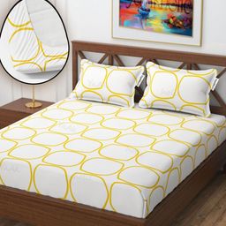 YaAkholic White & Yellow Geometric 210 TC Queen Bedsheet with 2 Pillow Covers-image-141