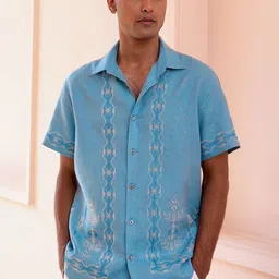 ASUKA Geometric Printed Spread Collar Short Sleeves Embroidered Relaxed Fit Linen Shirt-image-40