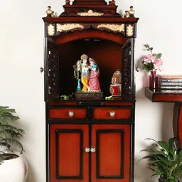 DZYN Furnitures Suramya Brown & Gold Toned Wooden Floor Rested Pooja Temple With Door-42