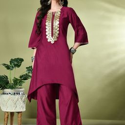 Sangria Embroidered A-Line Kurta With Palazzo Set-25