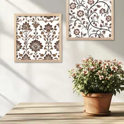 Kotart Brown & White 2 Pieces Floral Printed Wooden Wall Paintings-58