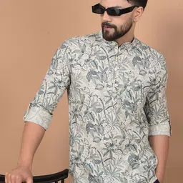 Crimsoune Floral Printed Mandarin Collar Linen Short Kurta-picture-53