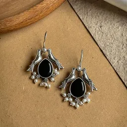 NAMAN ARTS Silver-Plated Stones Studded and Beaded Animal Shaped Oxidised Drop Earrings-56