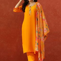 QSH Embroidered A-Line Solid Festive Kurta & Trousers With Dupatta-image-15