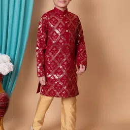 AHLAN APPARELS Boys Embroidered Regular Sequinned Dupion Silk Kurta with Pyjamas image 3