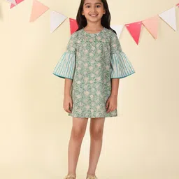 Fabindia Girls Floral Printed Round Neck Bell Sleeve Cotton A-Line Mini Dress-picture-23