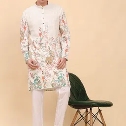 Pro-Ethic STYLE DEVELOPER Men Floral Colourblocked Angrakha Sequinned Pure Cotton Kurta with Pyjamas-38