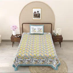 JAIPUR FABRIC Yellow & Grey Floral Single Bedsheet with 1 Pillow Covers-image-14