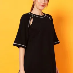 PockMAN Women Bio Finish Solid Round Neck Cotton Oversized T-shirt-picture-1