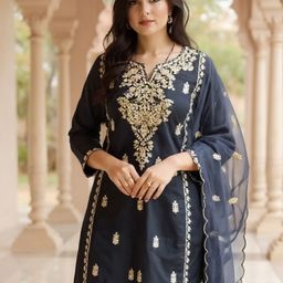 Indo Era Women Ethnic Motifs Embroidered Kurta with Trousers & Dupatta-picture-2