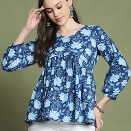 KALINI Women Floral Print Cuffed Sleeve V-Neck Pure Cotton Empire Top-image-4
