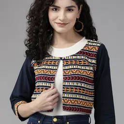 Roadster Geometric Embroidered Crop Tailored Ethnic Jacket-5