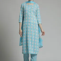 Jaipur Kurti Blue Floral Embroidered Cotton Mirror Work Kurta With Trousers & Dupatta-31
