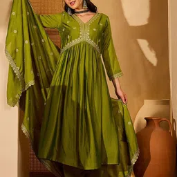 Sangria Women Floral Embroidered Anarkali Kurta with Trousers & Dupatta-15