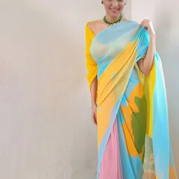Sidhidata Colourblocked Pure Georgette Block Print Saree-picture-16
