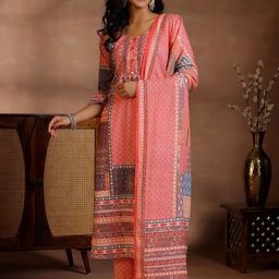 Libas Floral Printed Mirror Work Linen Kurta with Trousers & Dupatta-picture-20