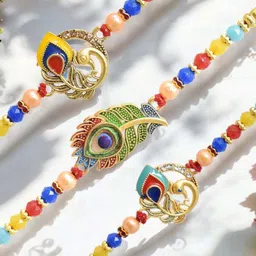MEIRA JEWELLERY Set Of 3 Beaded Rakhi & Greeting Card With Chawal Roli Chawal Gift Set-17