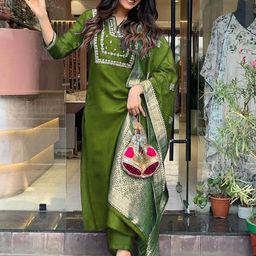 KALINI Floral Embroidered Notch Neck Chanderi Cotton Straight Kurta With Trouser & Dupatta-image-47