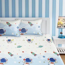 URBAN DREAM White & Blue Graphic 210 TC Queen Bedsheet with 2 Pillow Covers-image-95