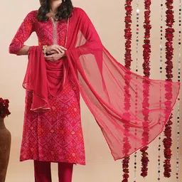 Anni Designer Bandhani Printed Regular Viscose Rayon Straight Kurta & Trousers & Dupatta-picture-2