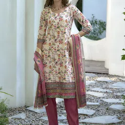 BE IN TEXO FAB Floral Embroidered Thread Work Pure Cotton Kurta With Trousers & Dupatta-image-49
