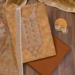 Koskii Ethnic Motifs Embroidered Sequinned Raw Silk Unstitched Dress Material-image-42