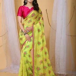 DIVASTRI Yellow Printed Poly Georgette Jamdani Sarees-picture-4