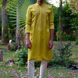 Ankit V Kapoor Geometric Yoke Design Mirror Work Cotton Silk Straight Kurta with Churidar-image-11