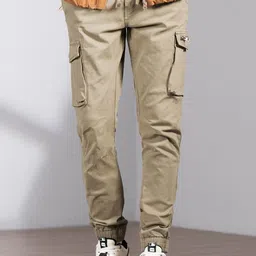 L'monte Men Solid Slim-Fit Cotton Mid-Rise Cargo Trousers-image-22