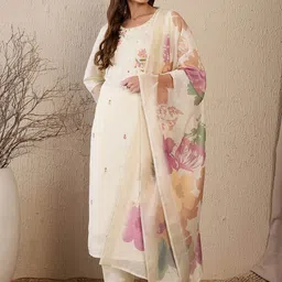 Indo Era Women Floral Embroidered Regular Mirror Work Chanderi Silk Kurta with Trousers & With Dupatta-37