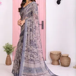 vj fashion Grey Linen Blend Printed Sarees-56