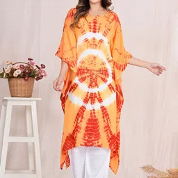 LYFJ Women Dyed Flared Sleeves Thread Work Asymmetric Crepe Kaftan Kurta-image-87