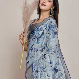 Ethnielle Floral Printed Zari Tissue Ikat Saree with Blouse piece-image-4