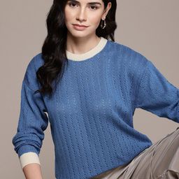 The Roadster Lifestyle Co. Open Knit Contrast Neck Pullover-image-50