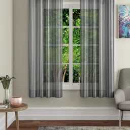 BELLA TRUE Black & Grey 2 Pieces Striped Eyelet Fitted Sheer Window Curtains-image-23