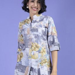 TIKODI Floral Print Mandarin Collar Roll-Up Sleeves Cotton Shirt Style Top-image-66