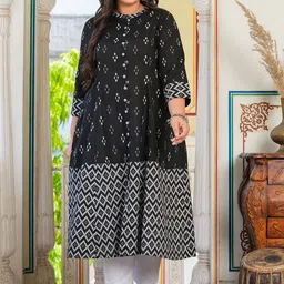 IKRASS Women Geometric Printed Ikat Festive Cotton A-Line Kurta-picture-3