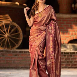 SWORNOF Ethnic Motifs Woven Design Zari Pure Silk Kanjeevaram Saree-11