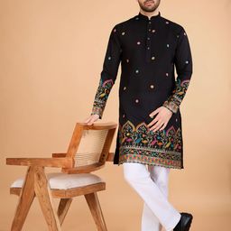 ODETTE Men Ethnic Motifs Embroidered Thread Work Kurta-34