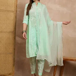 all about you Women Floral Pleated Pure Cotton Kurta with Trousers & With Dupatta-30
