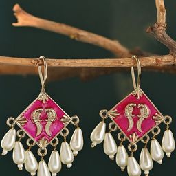 Fida Gold-Plated Pearls Beaded Diamond Shaped Meenakari Drop Earrings-43