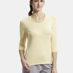 1360 Women Striped Round Neck Cotton Blend Yellow T-Shirt-image-27